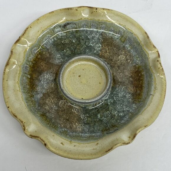 Art Pottery Candle Holder Tea Light Votive Ruffled Edge Crackle Glass Green USA - Picture 1 of 7